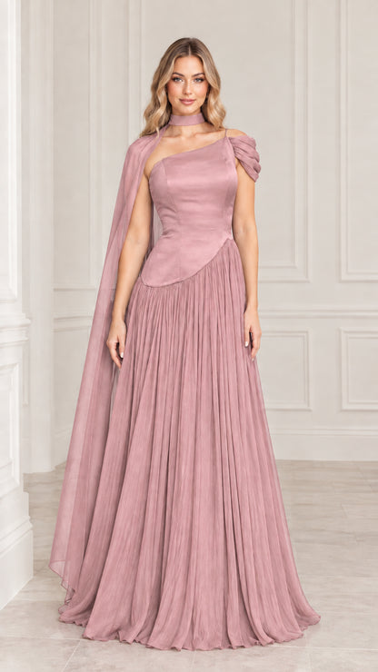 Dusty rose pleated chiffon evening dress with cape detail