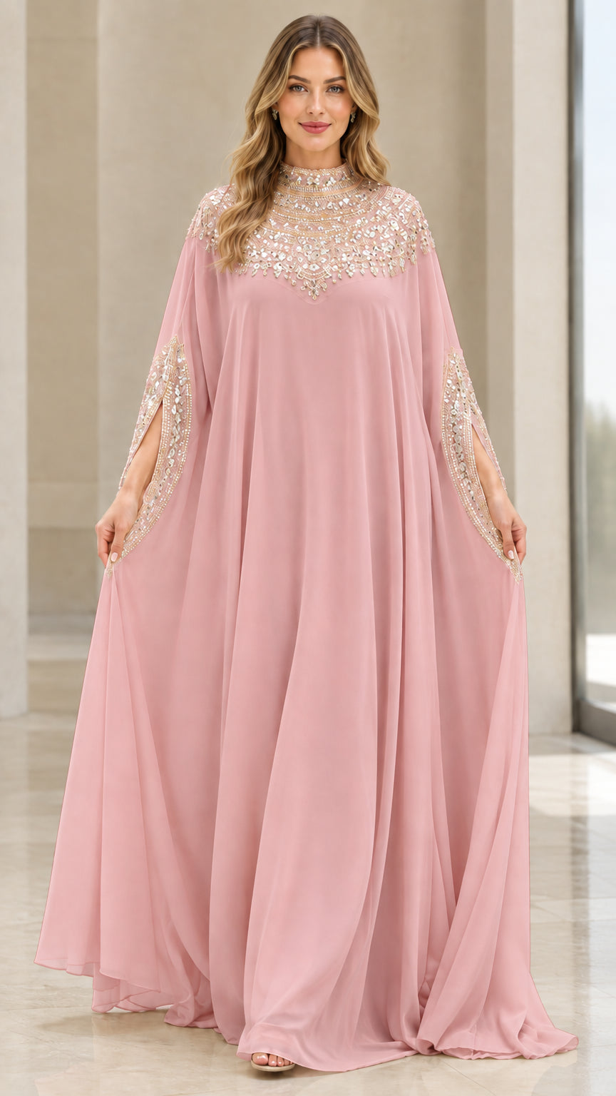 Model wearing blush pink embellished high neck kaftan maxi dress