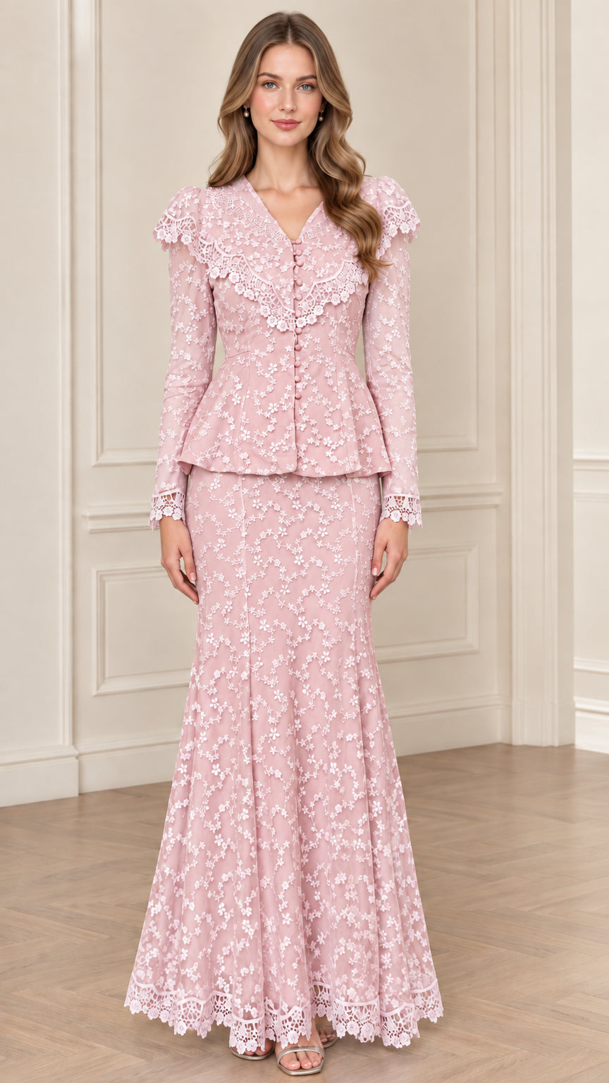 Pink floral lace peplum jacket and mermaid maxi skirt set