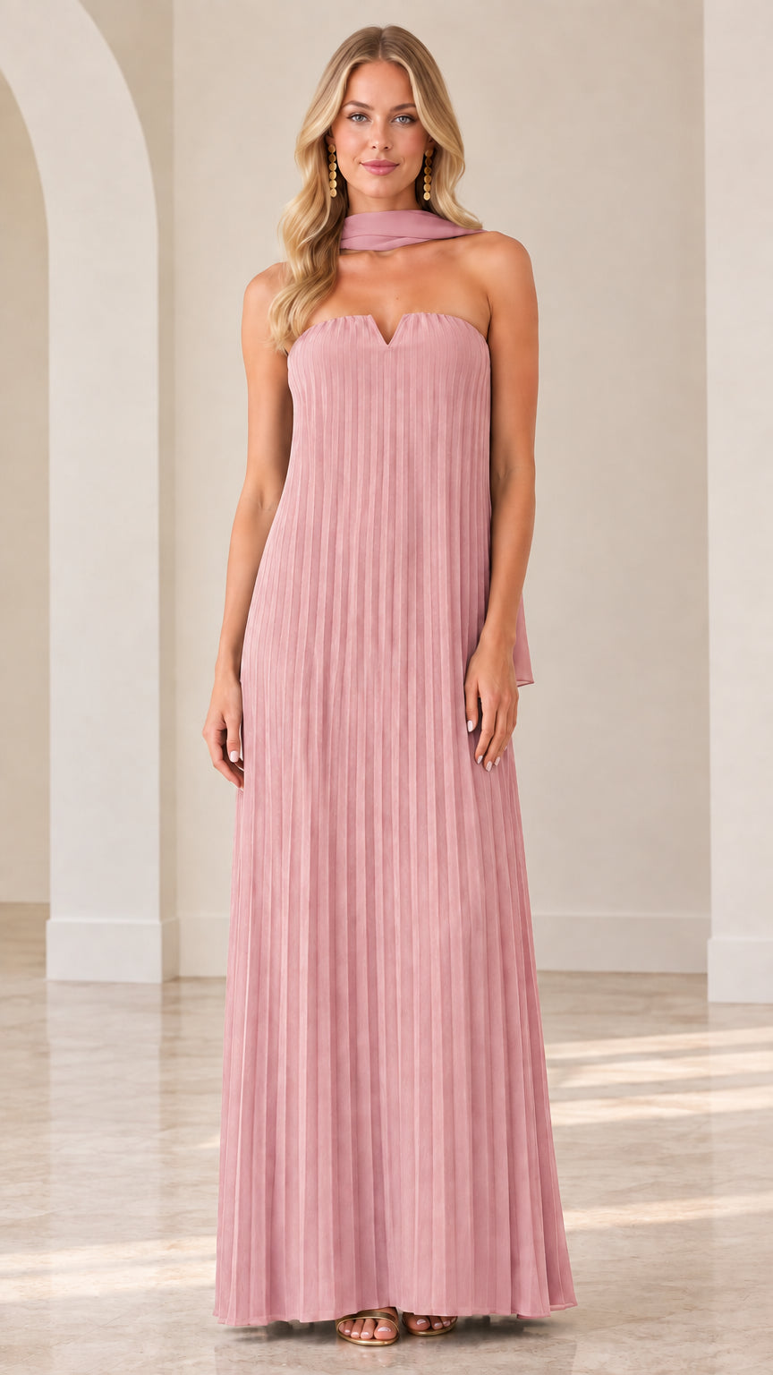 Dusty Pink strapless sunburst pleated maxi dress with matching neck sash