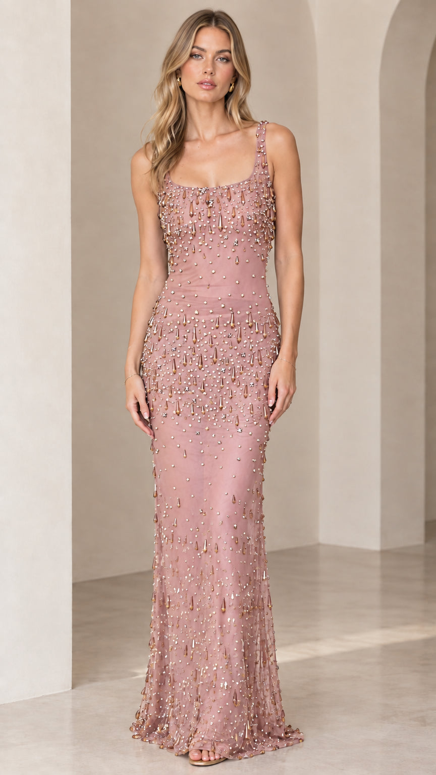 Dusty rose pink sleeveless square neck embellished evening gown