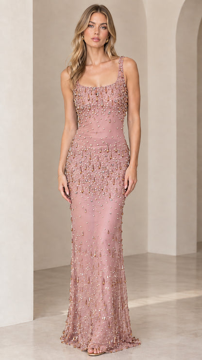 Dusty rose pink sleeveless square neck embellished evening gown