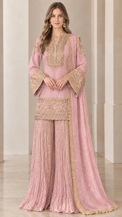 Blush Pink embroidered ethnic suit set with pleated sharara pants and shawl