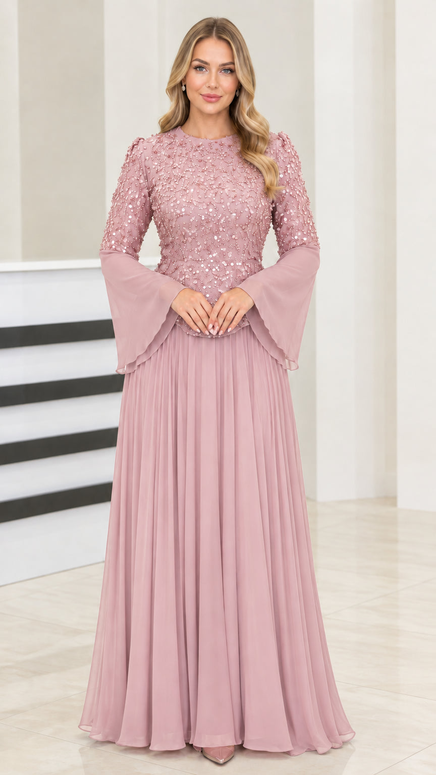 Front view of dusty rose sequin bell sleeve pleated chiffon maxi dress