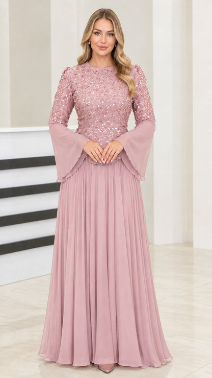 Front view of dusty rose sequin bell sleeve pleated chiffon maxi dress