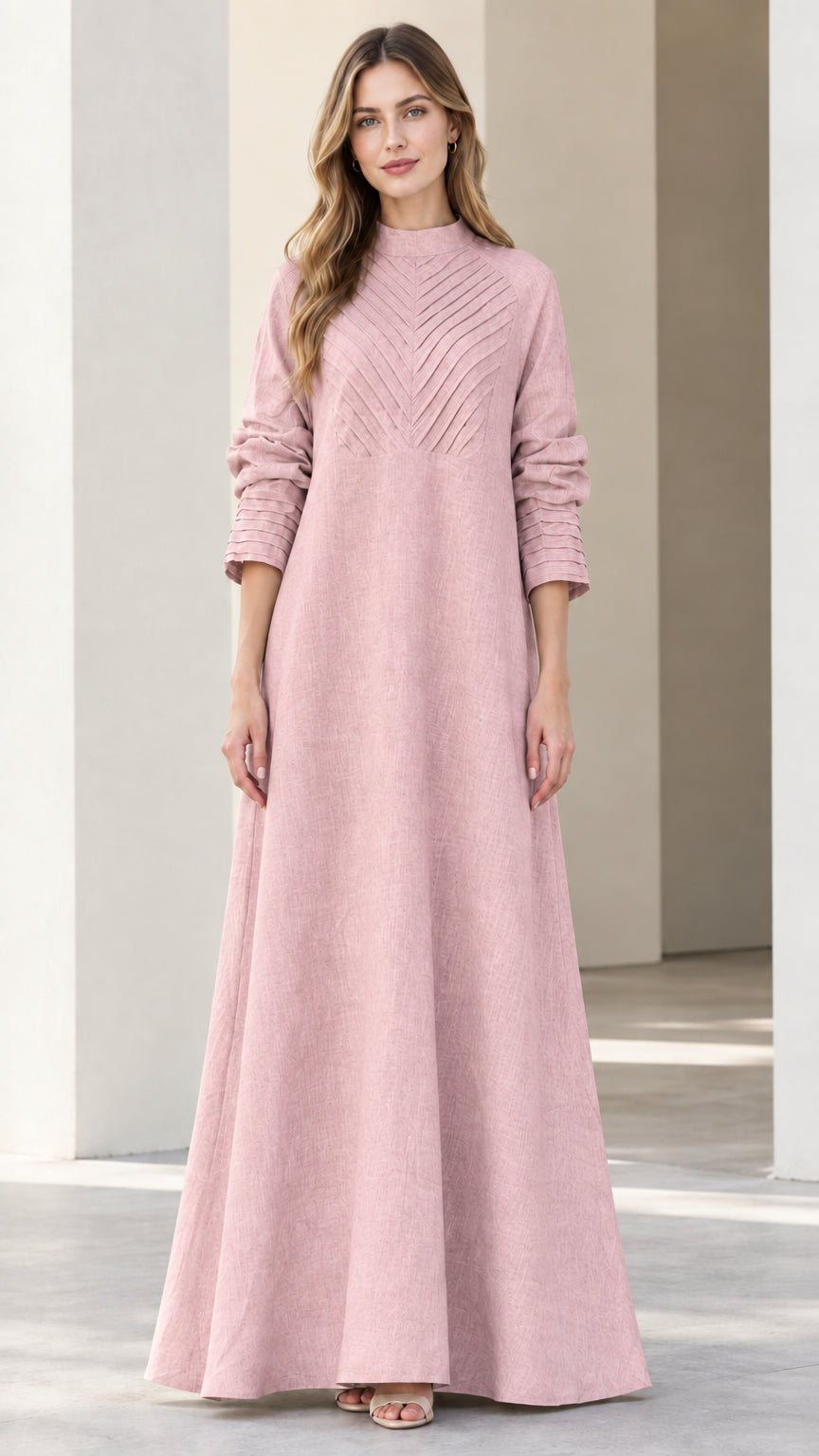 Front view of dusty pink modest mock neck pleated maxi dress