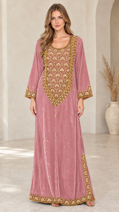 Dusty pink velvet embroidered kaftan maxi dress