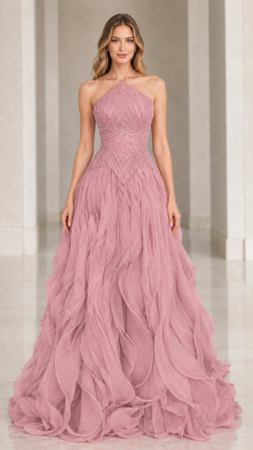 Front view of Dusty Rose Beaded Halter Ruffle Evening Gown