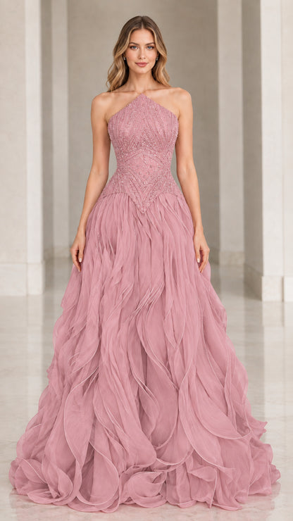 Front view of Dusty Rose Beaded Halter Ruffle Evening Gown