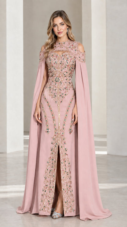 Dusty rose pink embellished cape evening gown front view