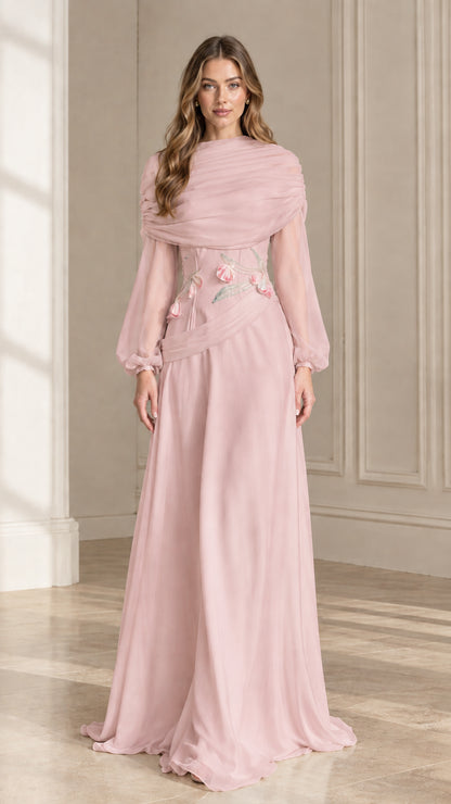 Front view of blush pink long sleeve evening gown with draped wrap neckline