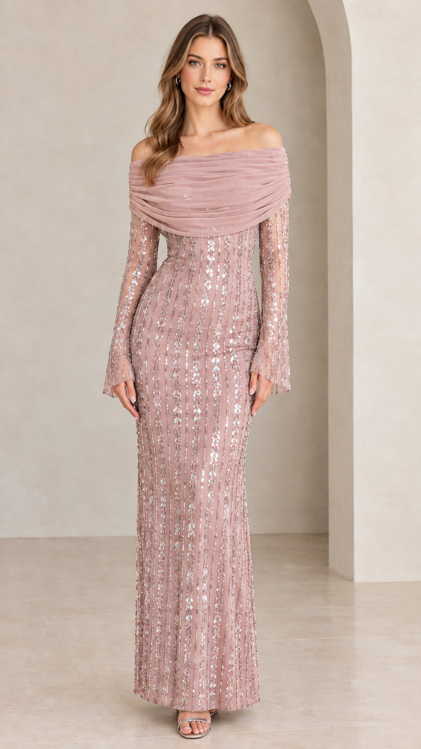 Front view of model wearing Dusty Rose off-the-shoulder sequin evening gown