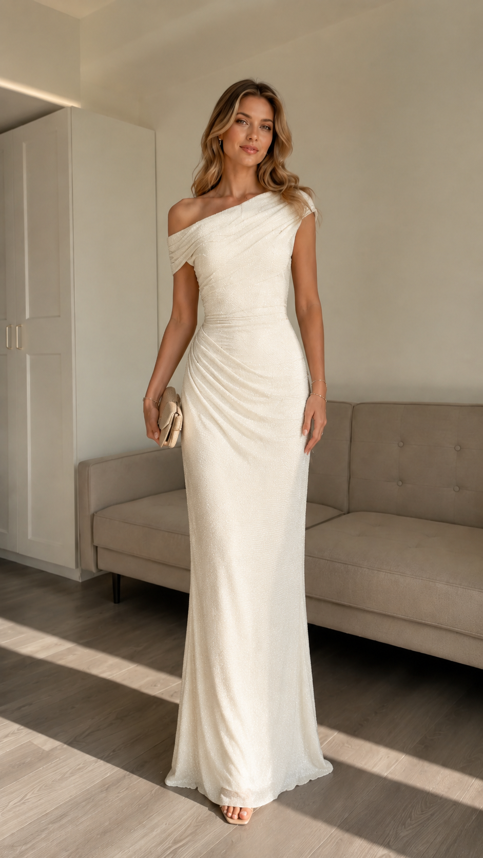Ivory one-shoulder ruched shimmer maxi evening dress front view