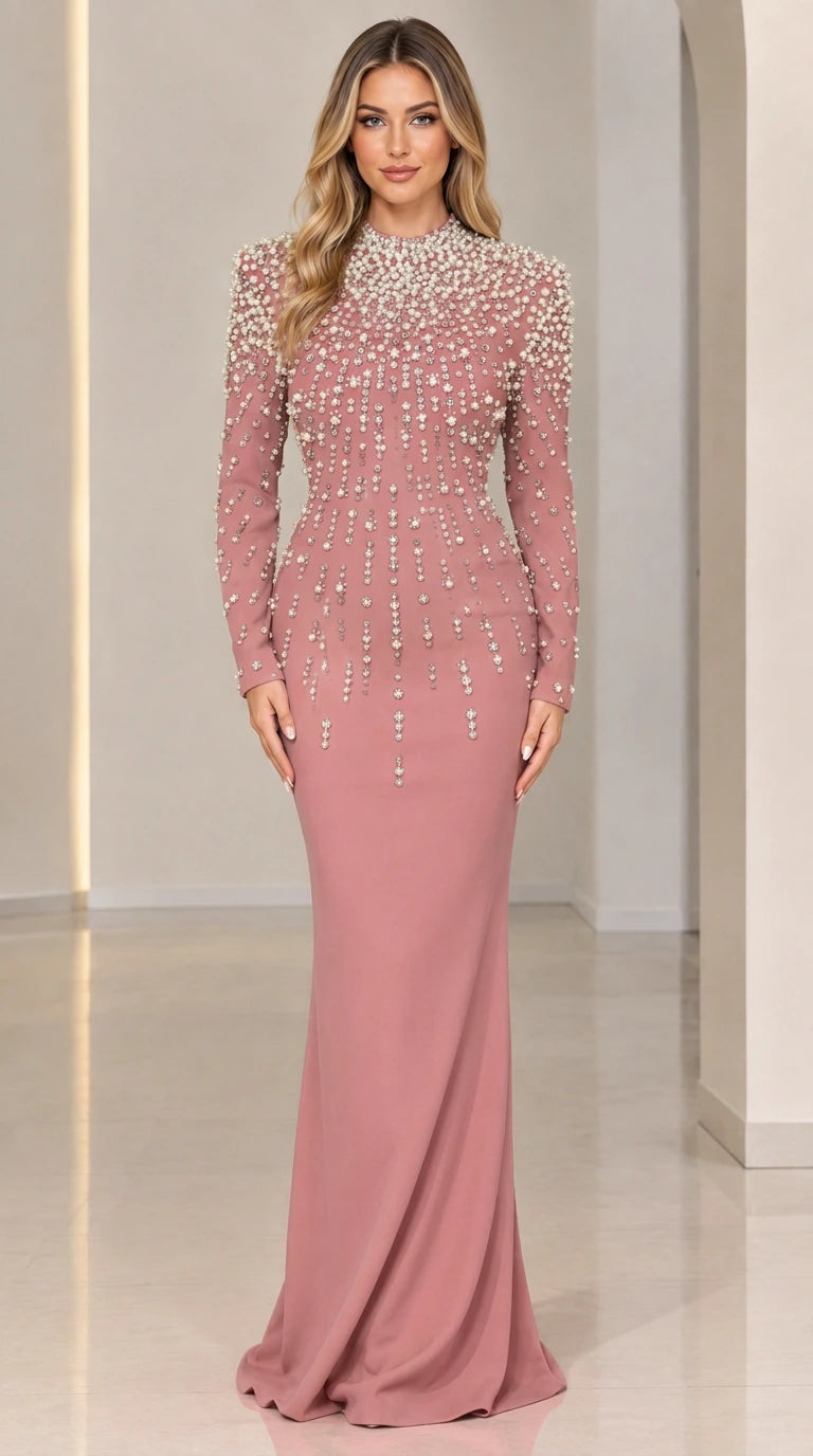 Full front view of dusty pink pearl-beaded long sleeve floor-length formal gown