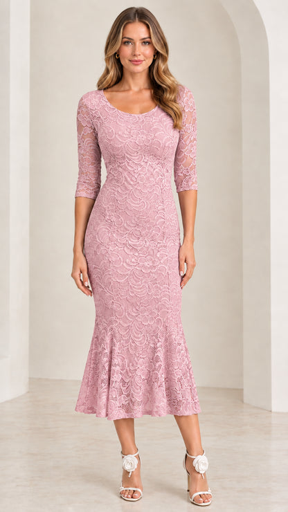 Dusty rose floral lace 3/4 sleeve trumpet midi dress