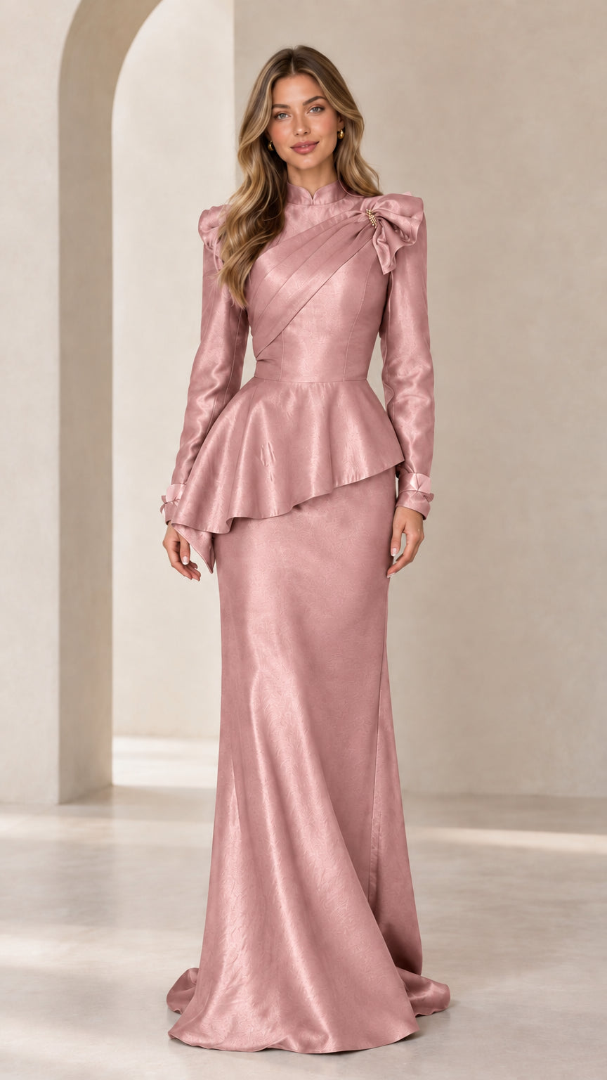 Dusty Rose long sleeve peplum satin evening gown front view