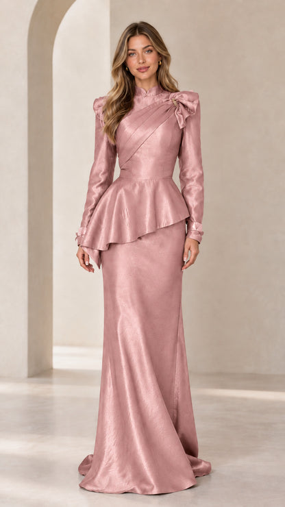 Dusty Rose long sleeve peplum satin evening gown front view