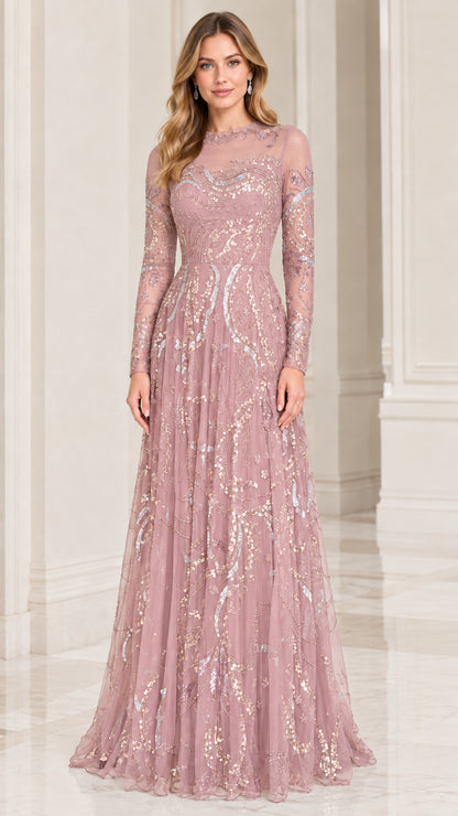 Dusty rose pink long sleeve sequin evening dress front view