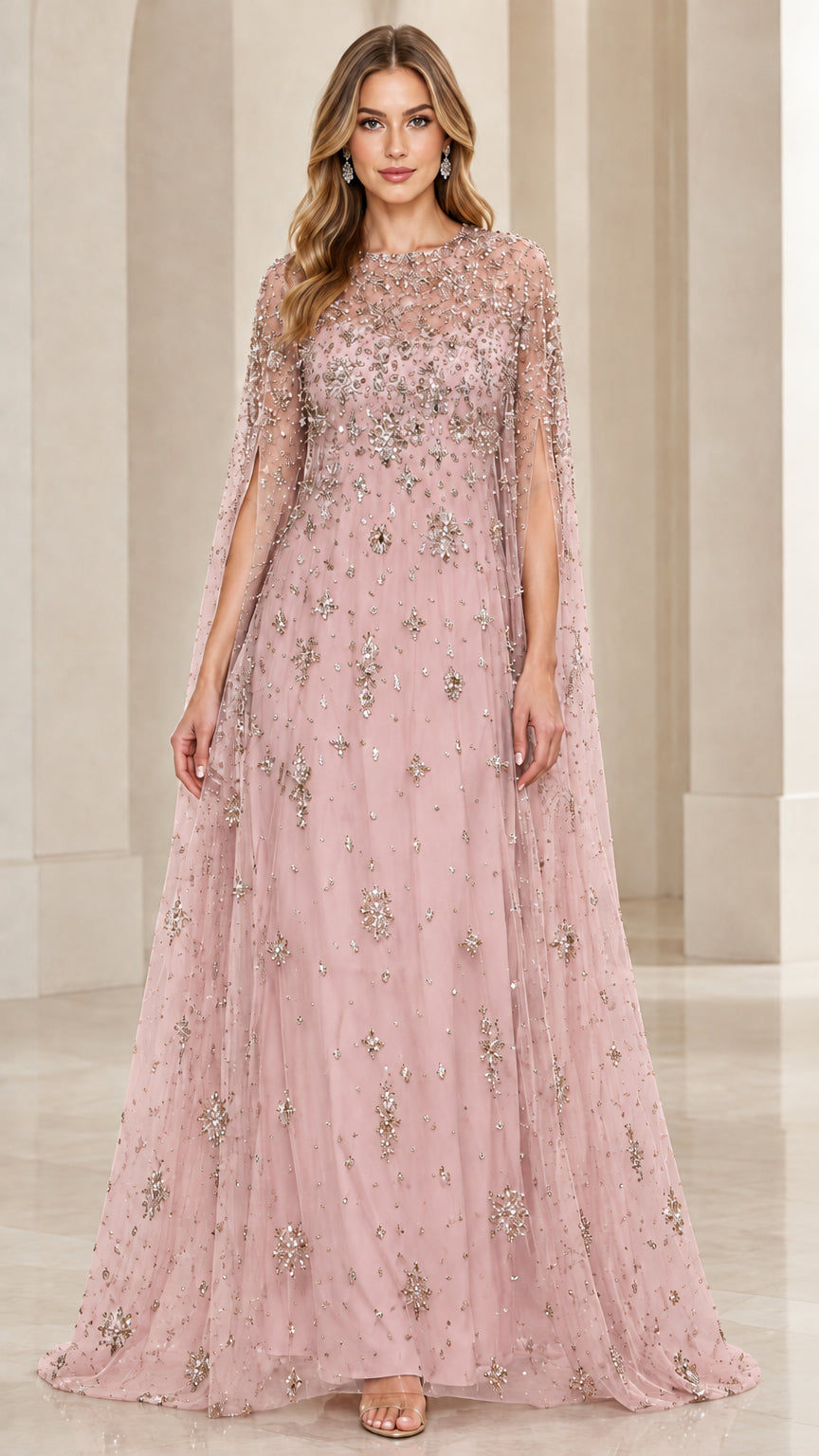 Dusty pink embellished cape sleeve formal maxi dress with allover sparkles
