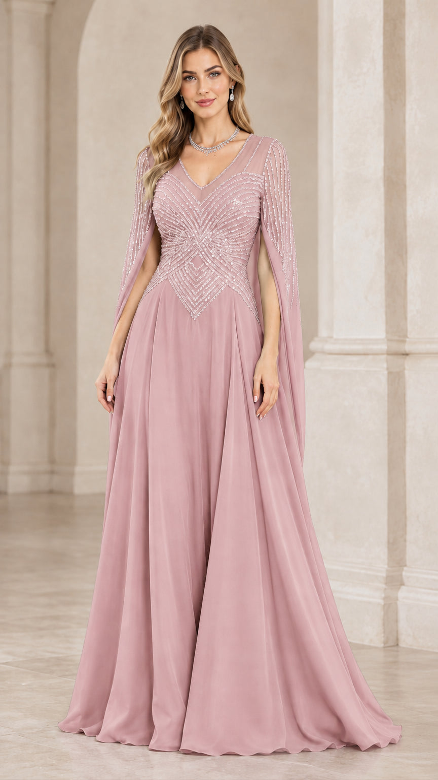 Full-length front view of dusty pink sequin bodice cape sleeve maxi gown