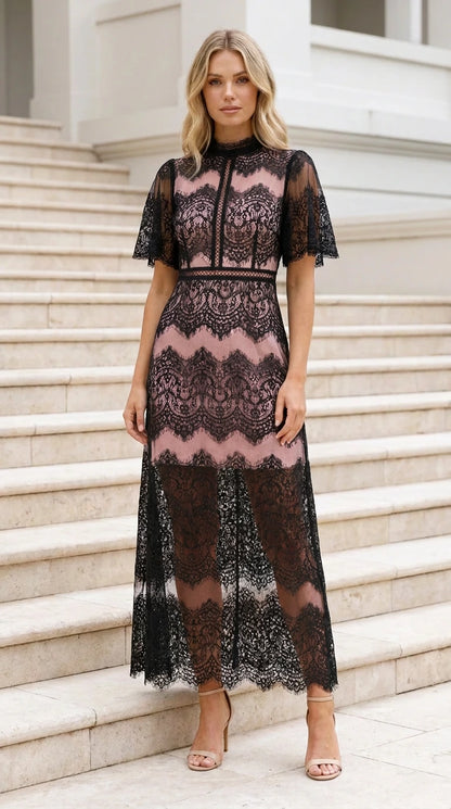 Black eyelash lace maxi dress over dusty rose lining