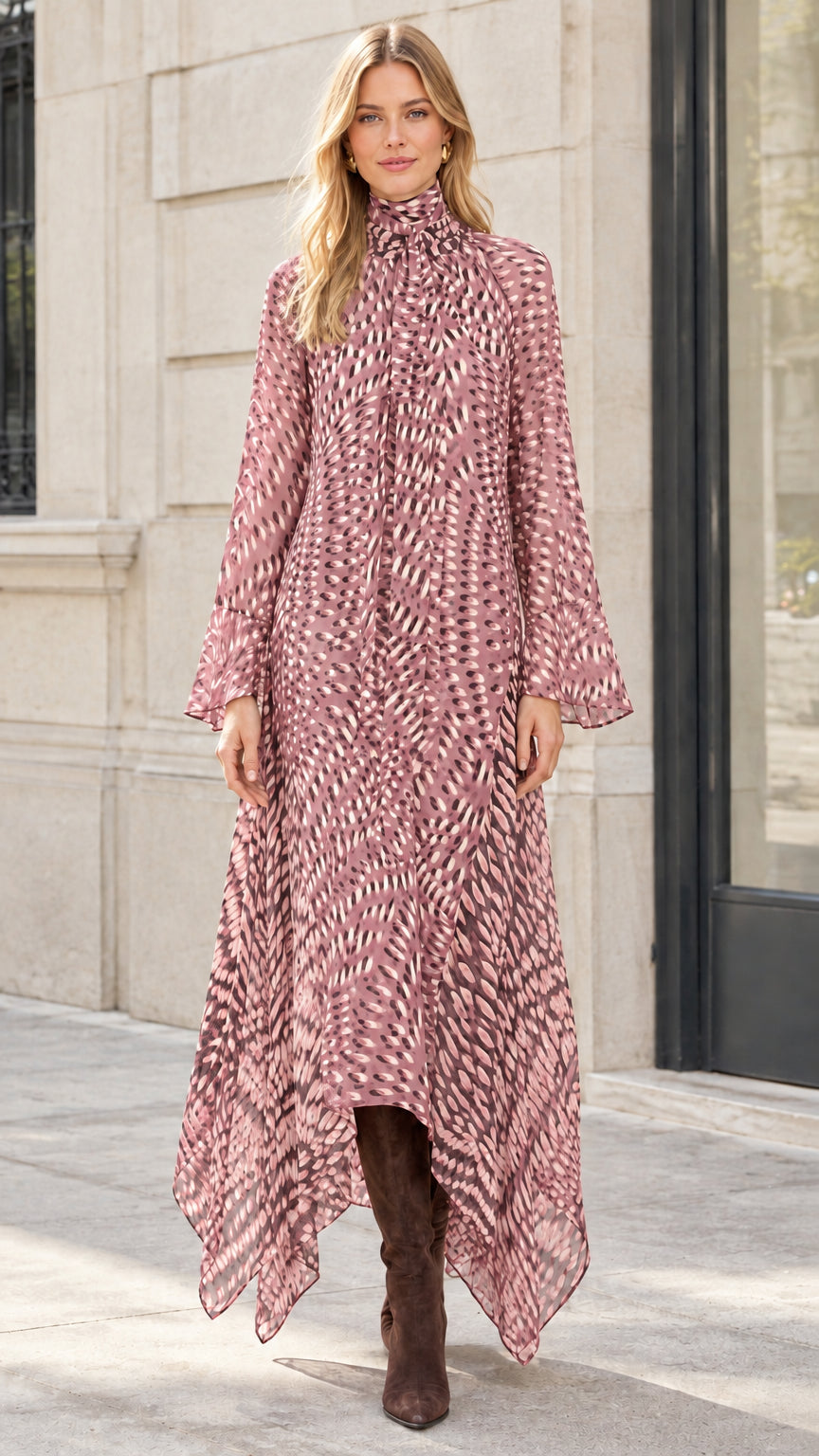 Model wearing Dusty Rose printed long sleeve handkerchief hem dress