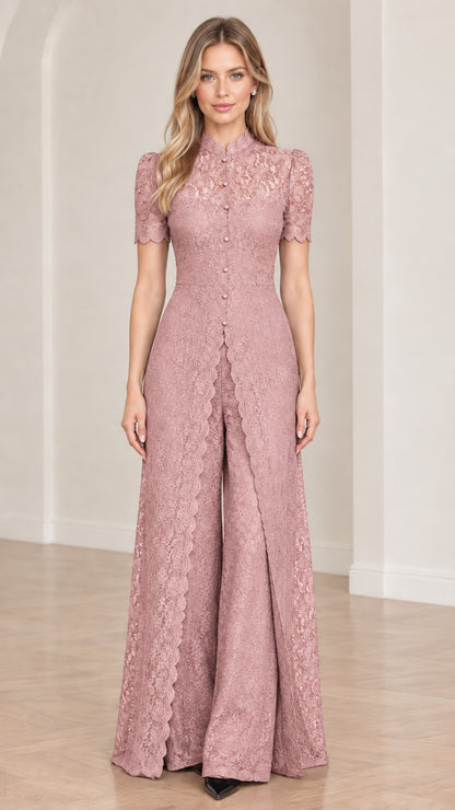 Dusty pink floral lace overlay wide-leg jumpsuit full-length front view