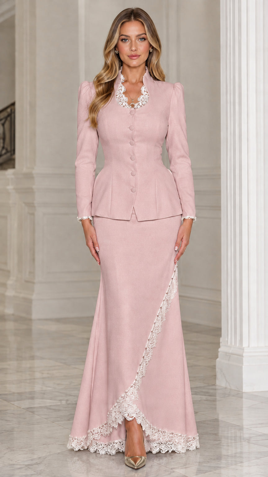 Front view of woman wearing dusty pink two-piece peplum skirt suit with lace trim