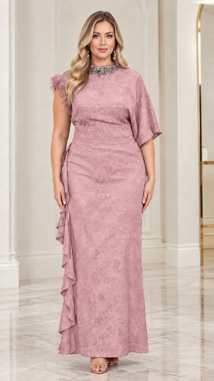 Dusty Rose asymmetrical jacquard formal evening dress with beaded jewel neckline