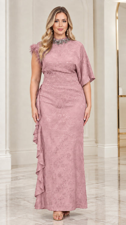 Dusty Rose asymmetrical jacquard formal evening dress with beaded jewel neckline