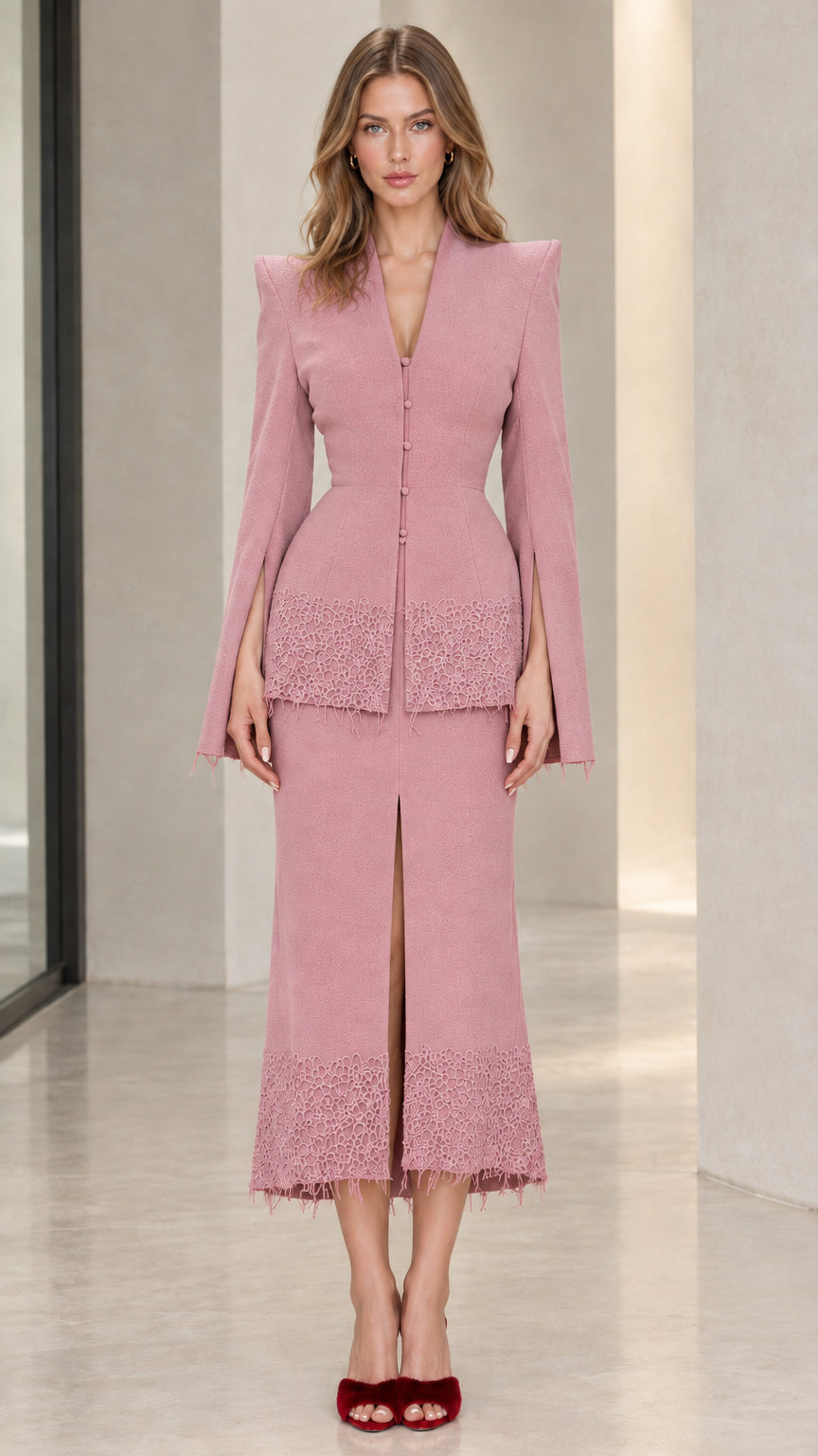 Front view of dusty pink peplum blazer and lace midi skirt set