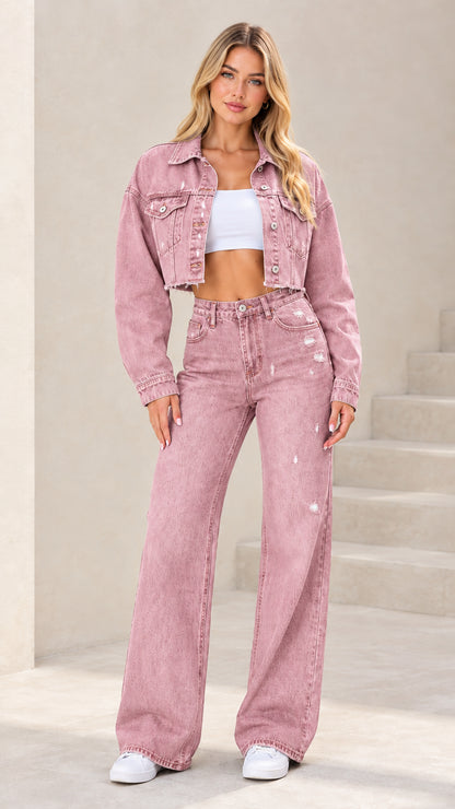 Full-length studio shot of woman wearing Dusty Pink 2-piece cropped denim jacket and wide-leg pants set