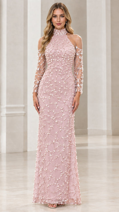 Blush pink cold-shoulder beaded maxi dress