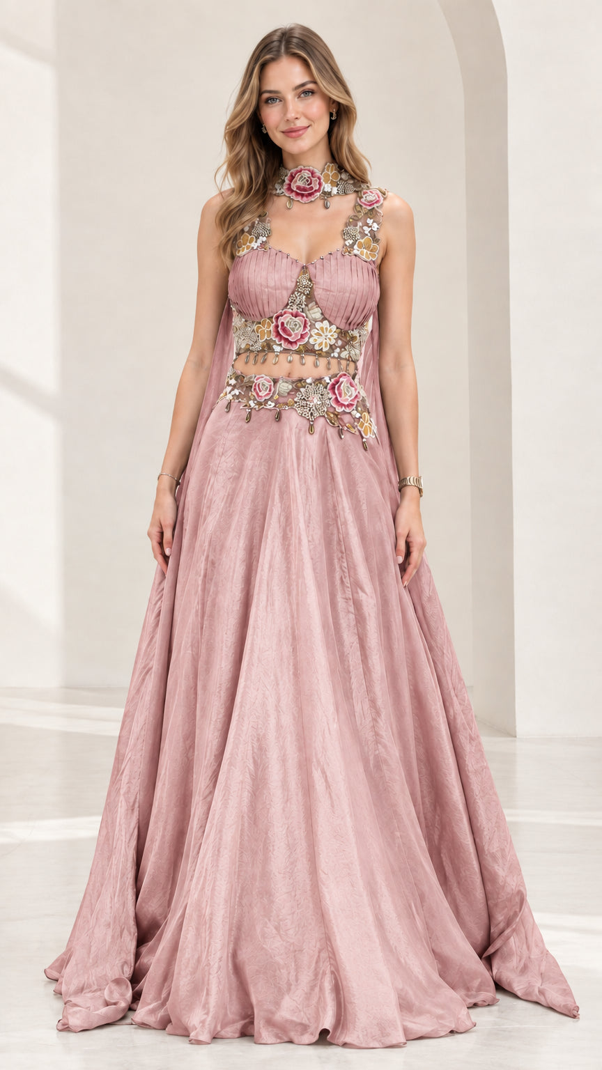 Dusty Pink embroidered two-piece bustier crop top and maxi skirt formal gown