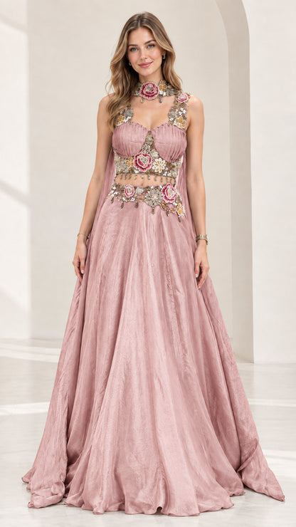 Dusty Pink embroidered two-piece bustier crop top and maxi skirt formal gown