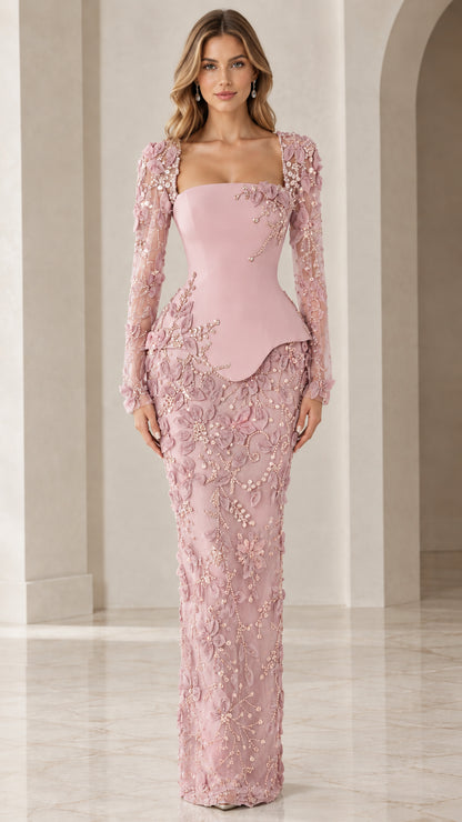 Blush Pink floor-length evening dress with long lace sleeves and peplum waist