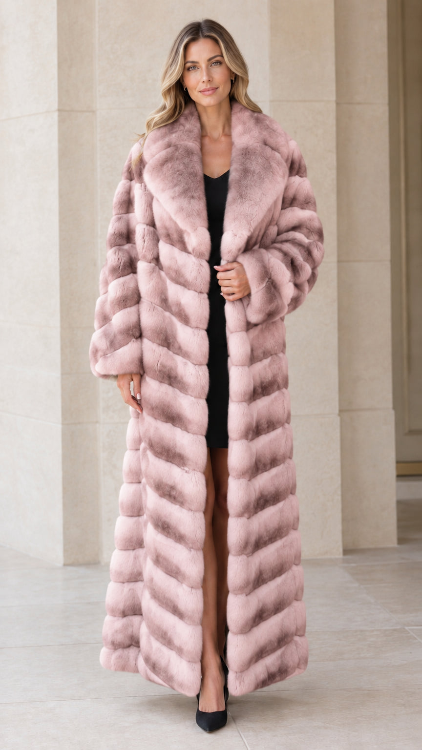 Full-length dusty pink chevron plush faux fur maxi coat