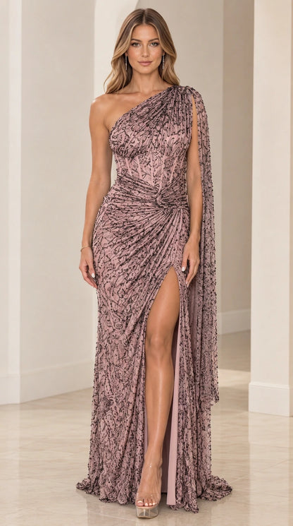 Full front view of dusty rose one-shoulder cape sleeve embellished evening gown
