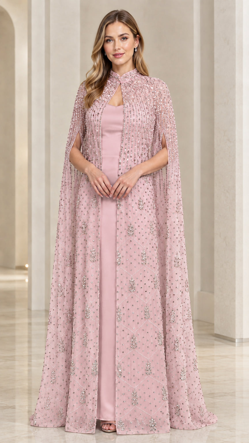 Blush pink elegant cape formal dress with beaded embellishment