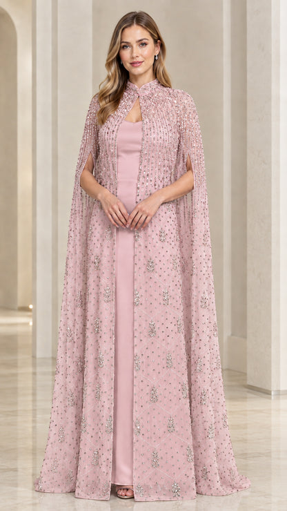 Blush pink elegant cape formal dress with beaded embellishment
