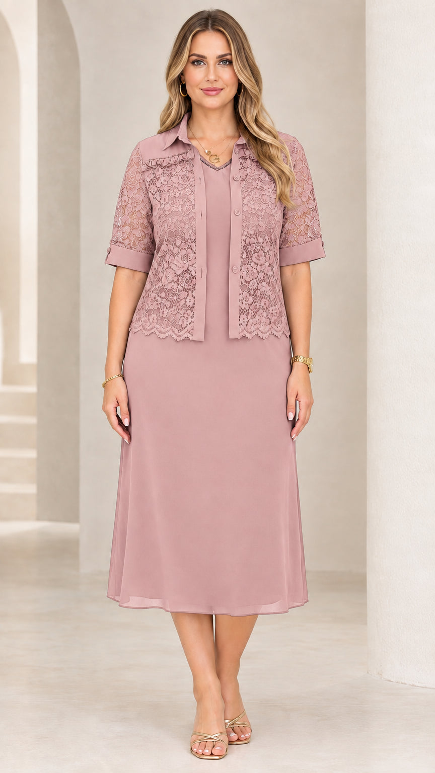 Dusty Rose mother of the bride midi dress with sheer lace jacket
