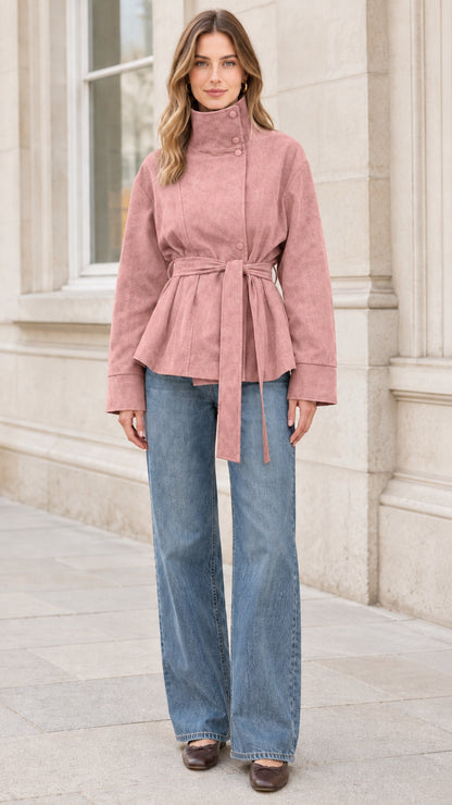 Full front view of model wearing dusty pink high neck belted faux suede jacket