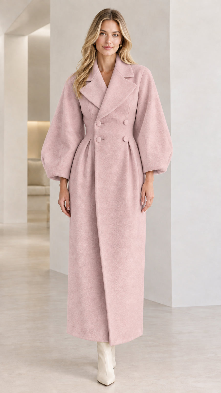 Full front view of Blush Pink lantern sleeve tailored maxi coat