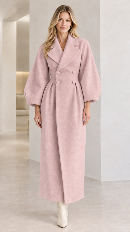 Full front view of Blush Pink lantern sleeve tailored maxi coat