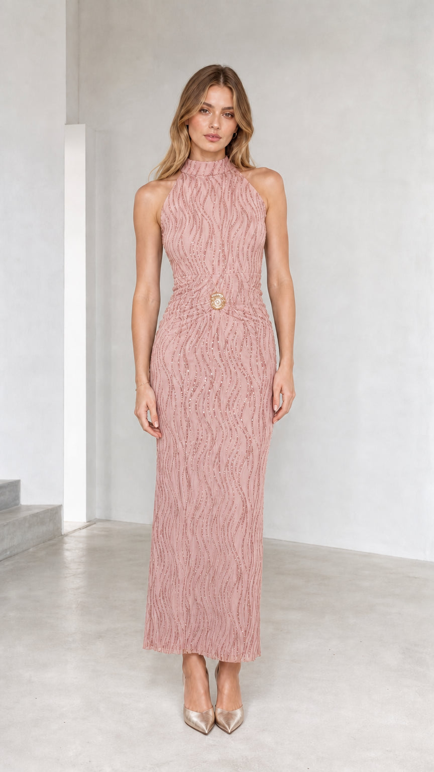Dusty pink high neck textured sleeveless maxi dress on model