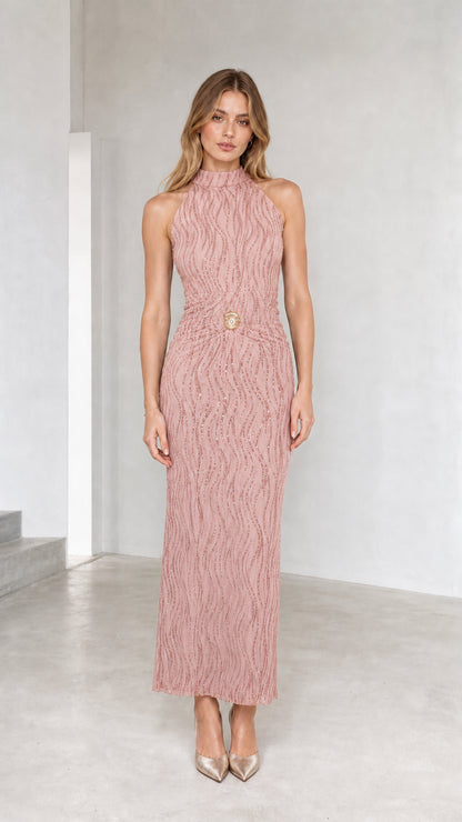 Dusty pink high neck textured sleeveless maxi dress on model