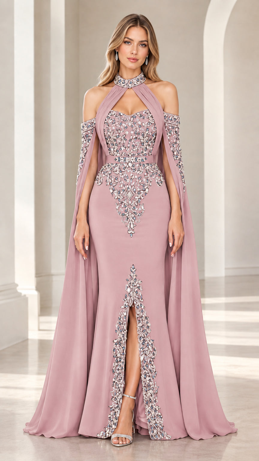 Dusty pink cold-shoulder cape evening dress with crystal embellishments