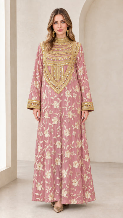 Front full view of dusty pink embroidered maxi dress with gold chest embellishment