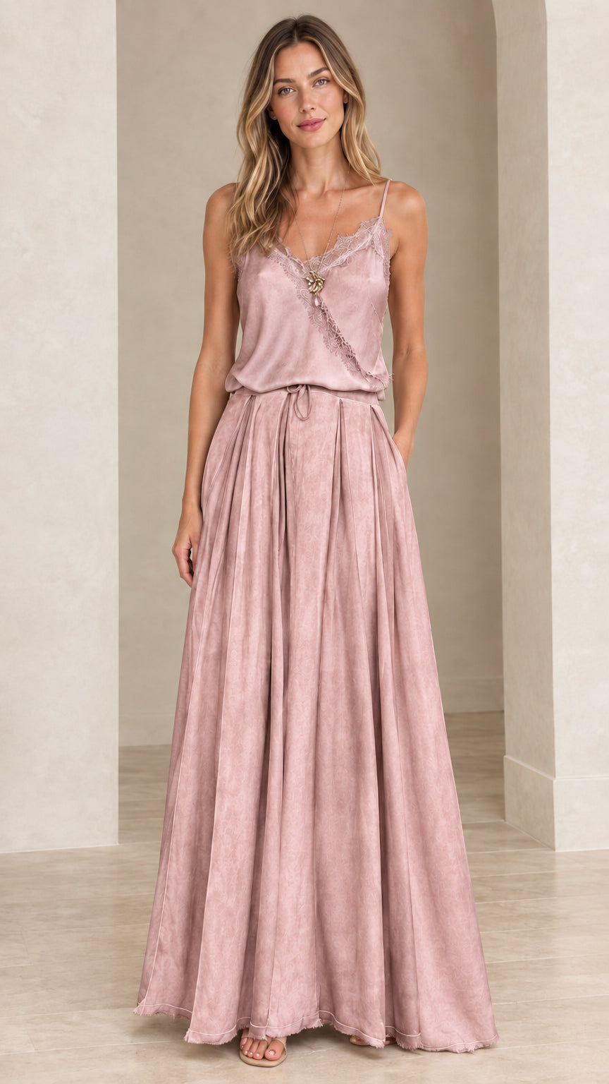 Model wearing dusty pink lace-trim cami maxi dress