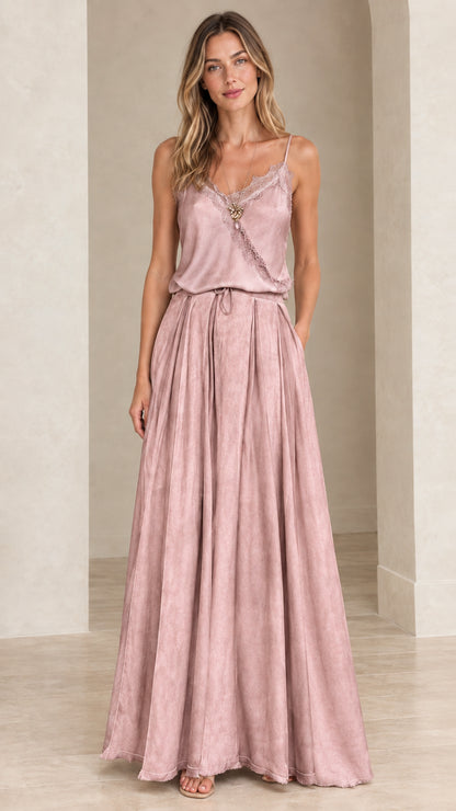 Model wearing dusty pink lace-trim cami maxi dress